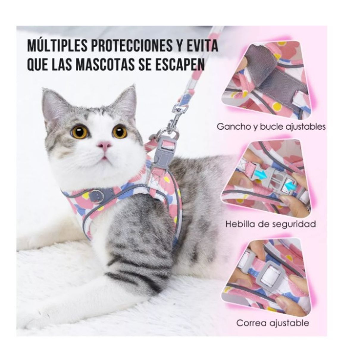 GENERICO - Pechera Arnés Y Correa Ligero Anti-escape Gato Rosa Talla M.