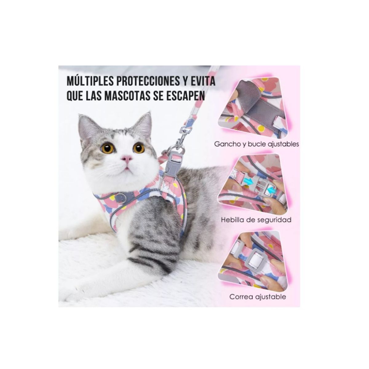 GENERICO - Pechera Arnés Y Correa Ligero Anti-escape Gato Rosa Talla M.
