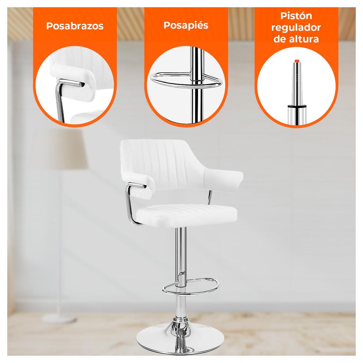 GLOBAL LATIN GROUP - Pack 2 Silla Piso Bar con Respaldo y Posa Brazos - Blanco
