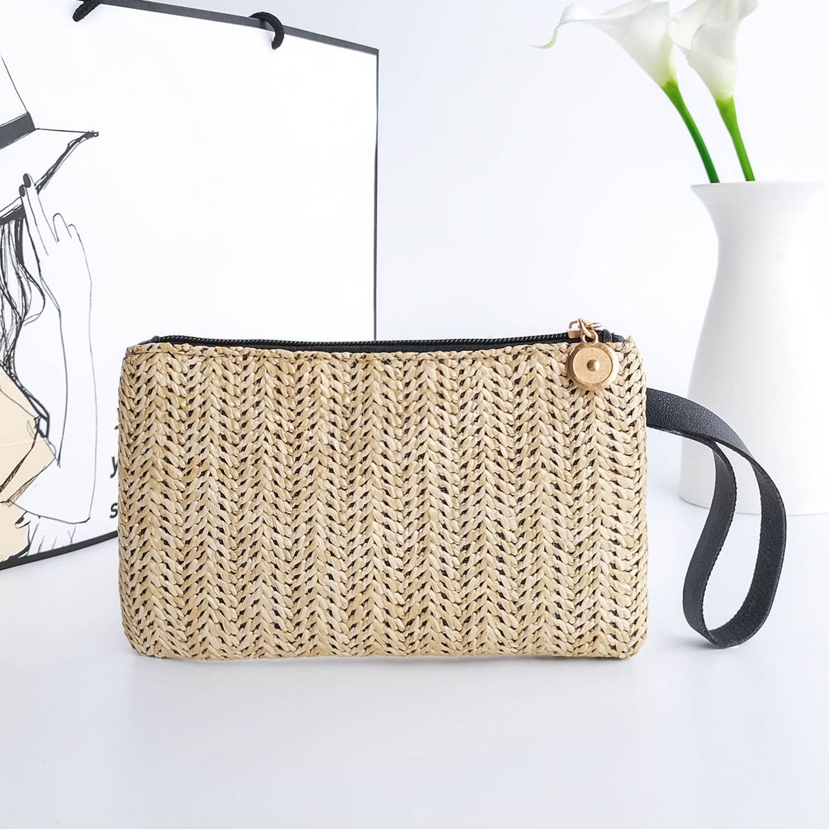 VATYERTY - Mini Bolso De Paja Minimalista Con Correa De Muñeca beige