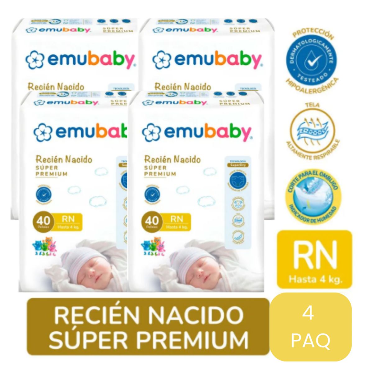 EMUBABY - Pañales Emubaby Premium - Recién Nacido (rn) - 4 Paquetes