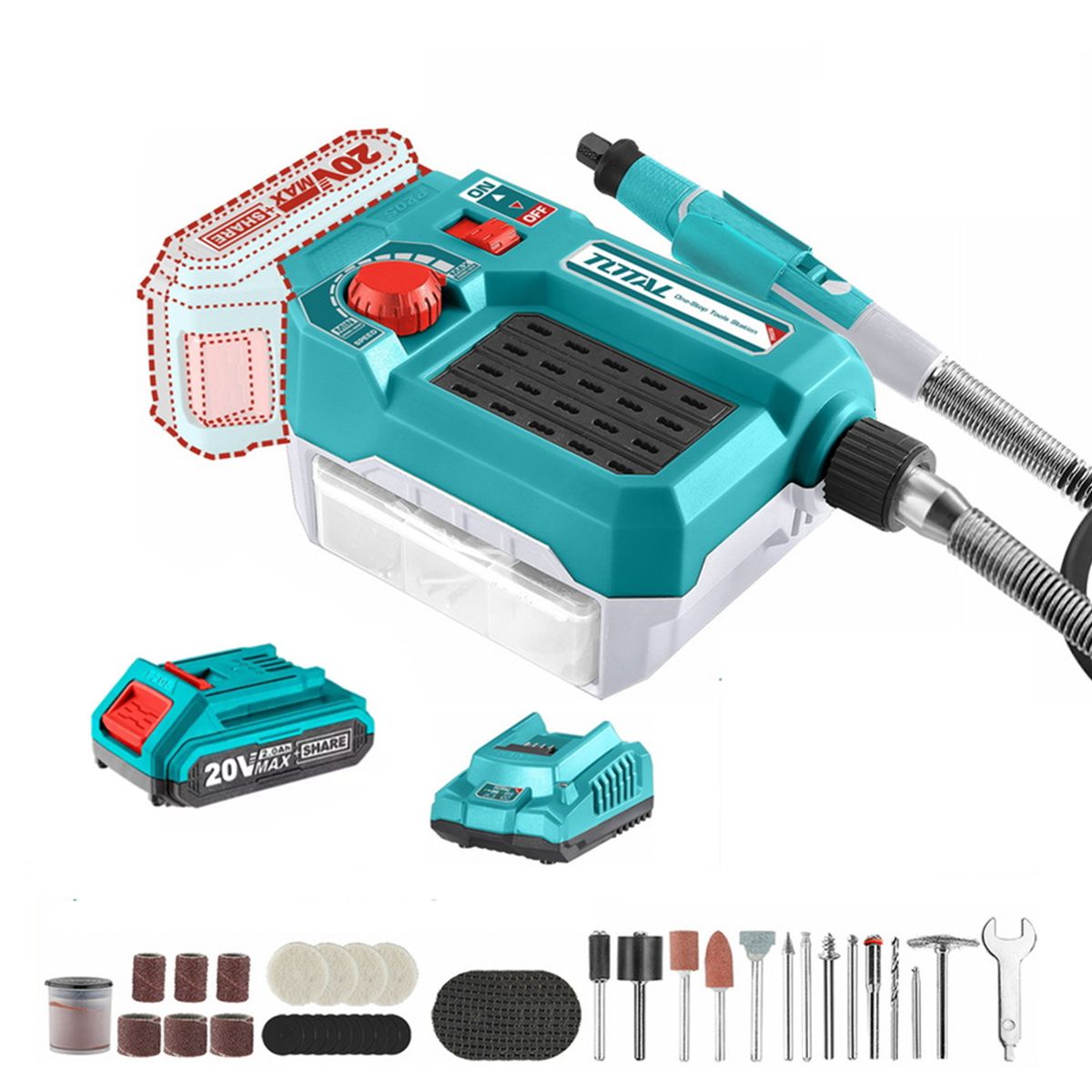 TOTAL TOOLS - Herramienta Rotativa Mini Torno Multiuso+40 Acc 20v Total