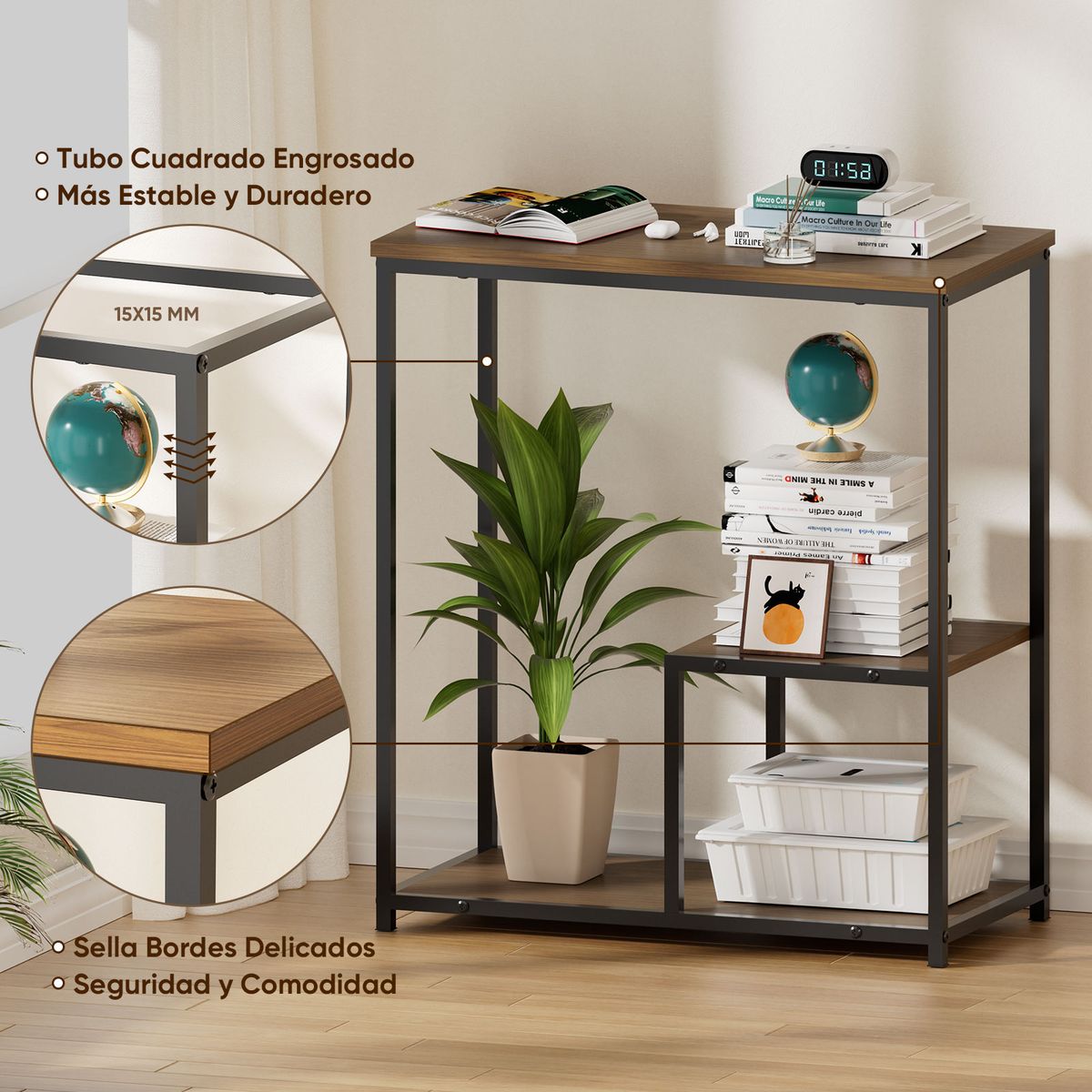 AIZO - Mesa Auxiliar Estrecha Con Estantes De Almacenamiento 60X30 Marron oscuro