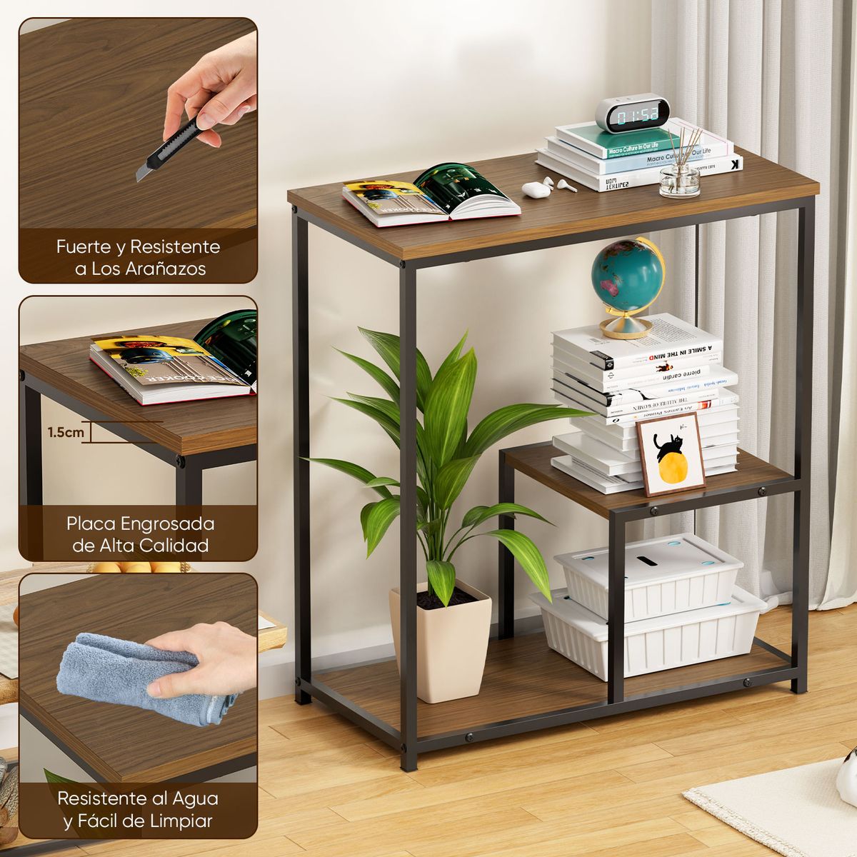 AIZO - Mesa Auxiliar Estrecha Con Estantes De Almacenamiento 60X30 Marron oscuro