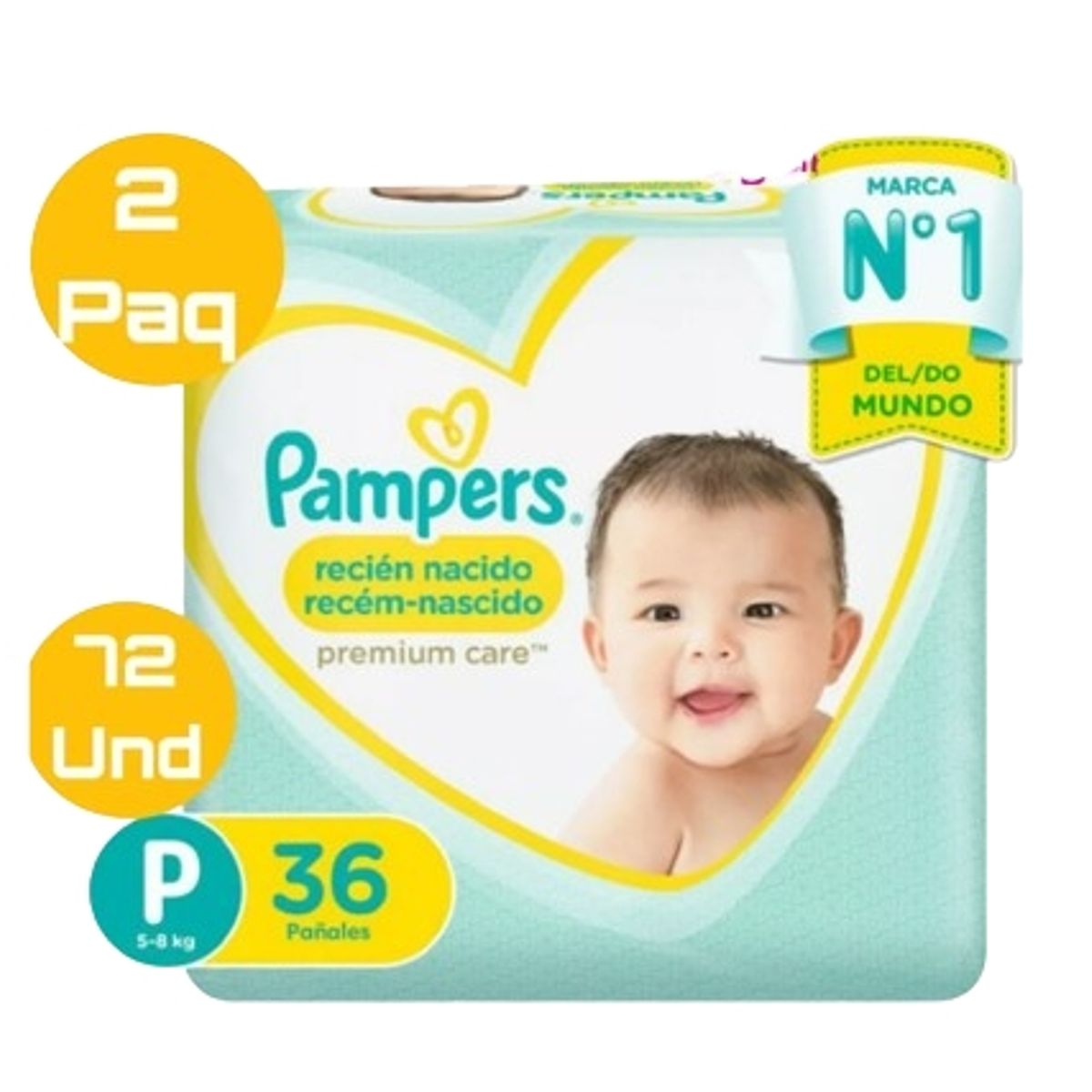 PAMPERS - Pañales Pampers Premium Care 72 Und Talla P