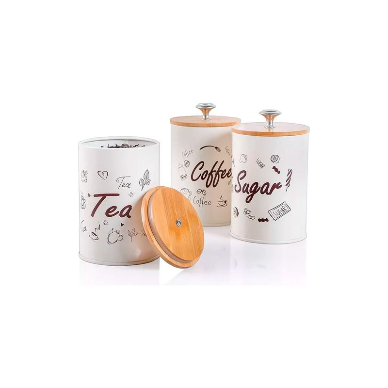 GENERICO - Frasco Hermético Metálico Tapa De Madera Para Cocina 3 Pcs Color Beige