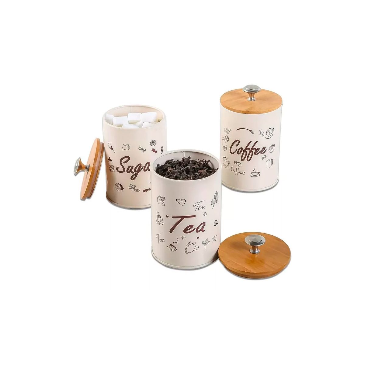 GENERICO - Frasco Hermético Metálico Tapa De Madera Para Cocina 3 Pcs Color Beige