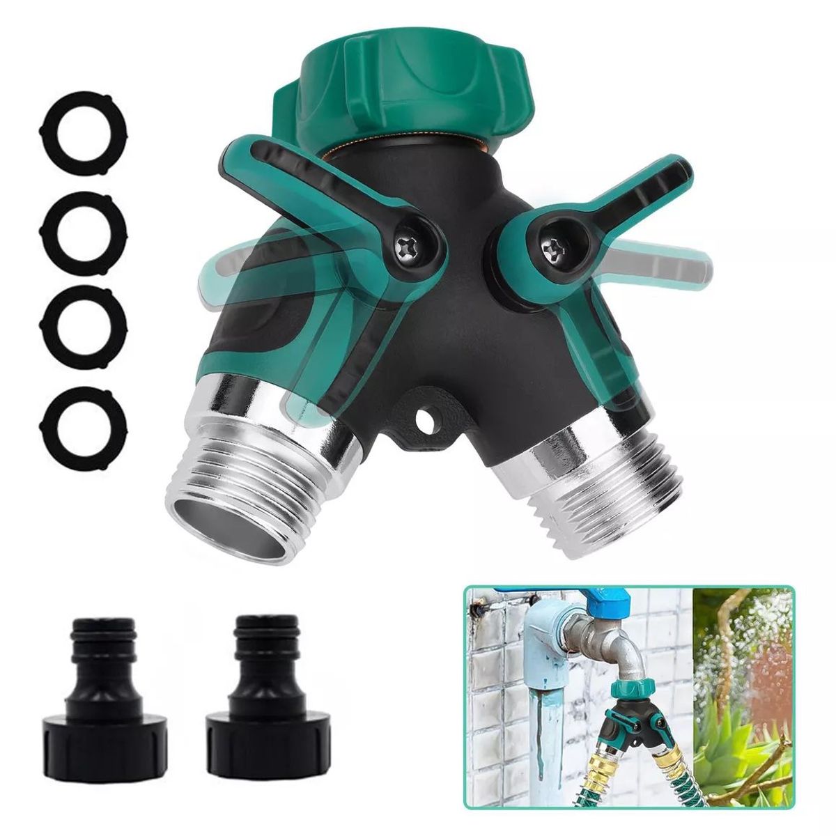 KUANGYE - Divisor Manguera Riego, Conector 2 Vías Metal + 2 Accesorios