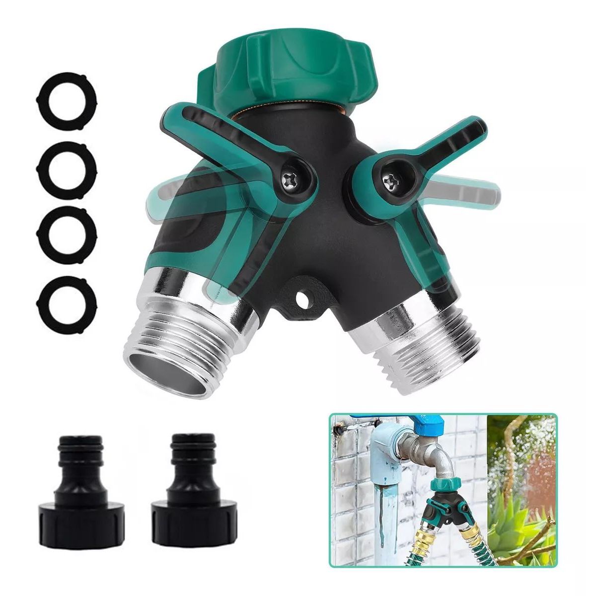 KUANGYE - Divisor Manguera Riego, Conector 2 Vías Metal + 2 Accesorios