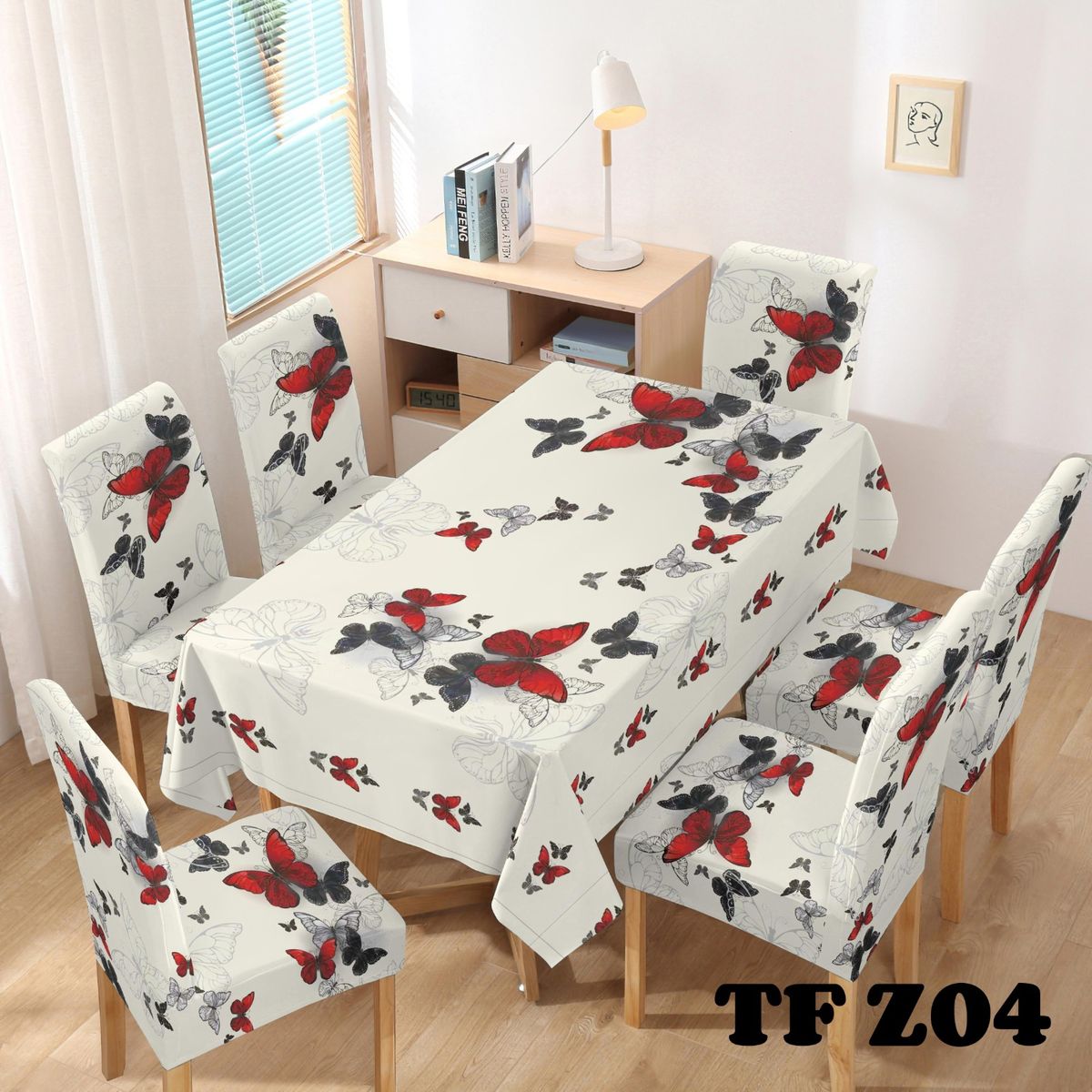 GENERICO - Set De Mantel + 6 Fundas Para Sillas Con Diseño Mariposas TF