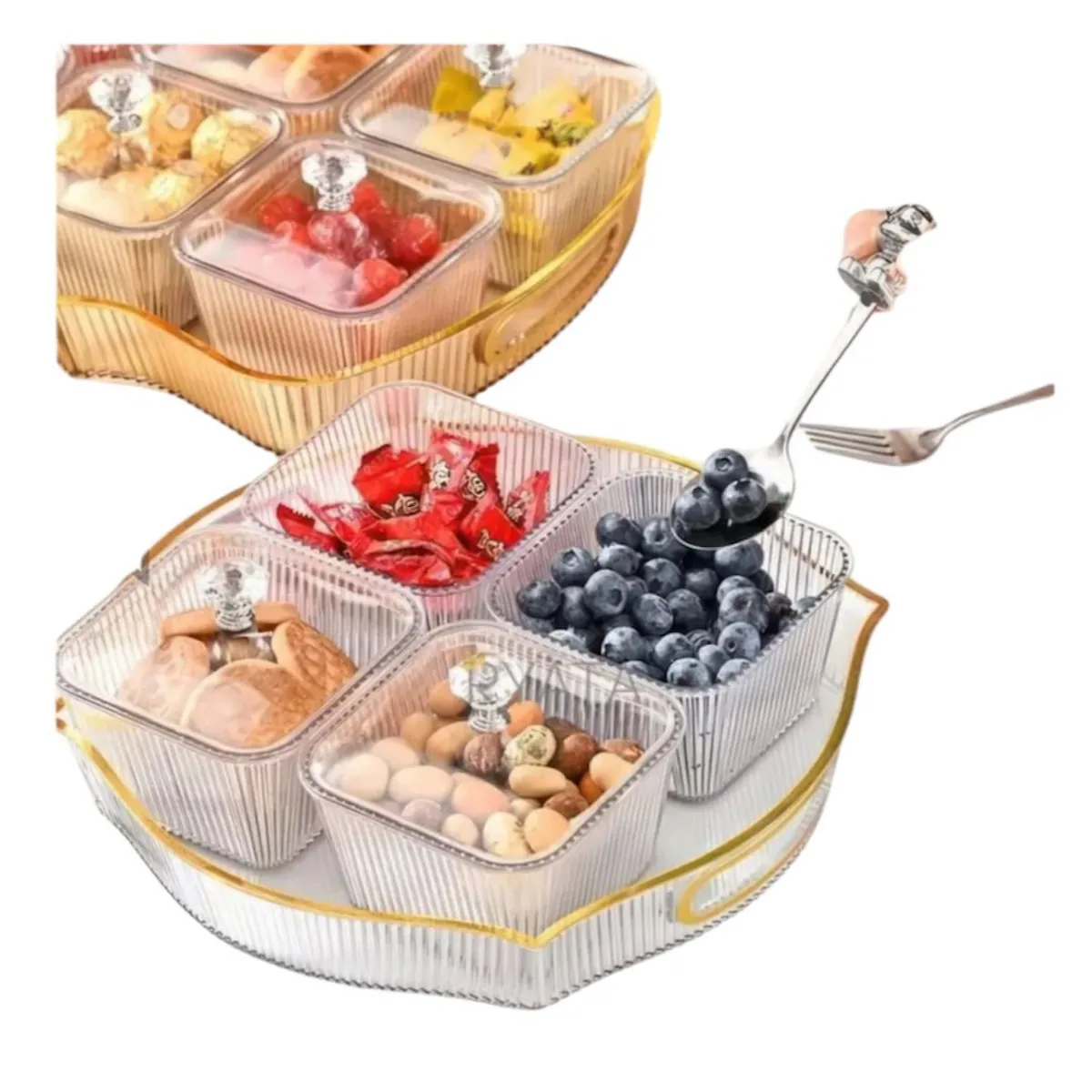 GENERICO - Bandeja Elegante Servir Dorado Acrilico Con 4 Recipientes