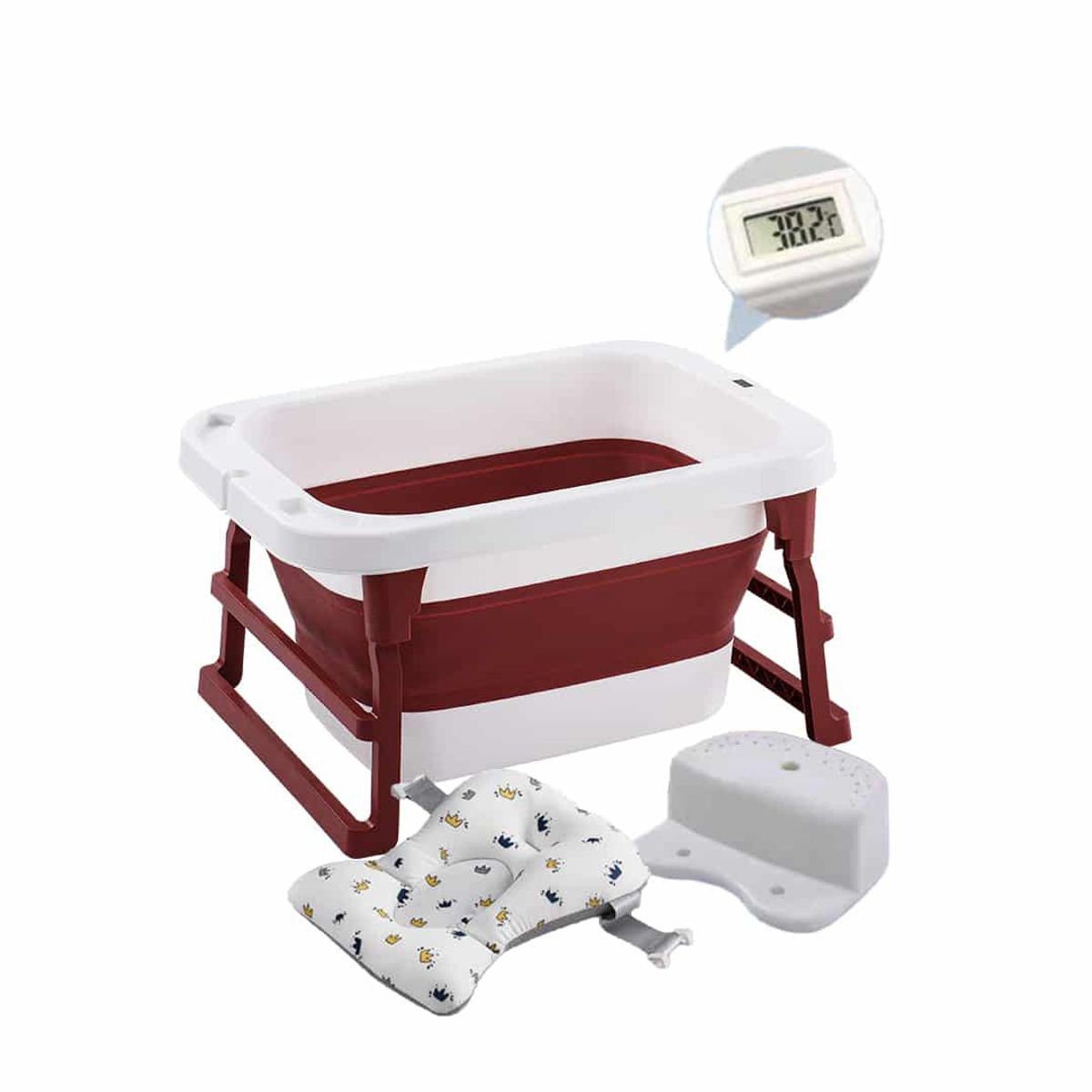 BABYMINE - Bañera Plegable Bebé Con Termometro Asiento Rojo BABYMINE