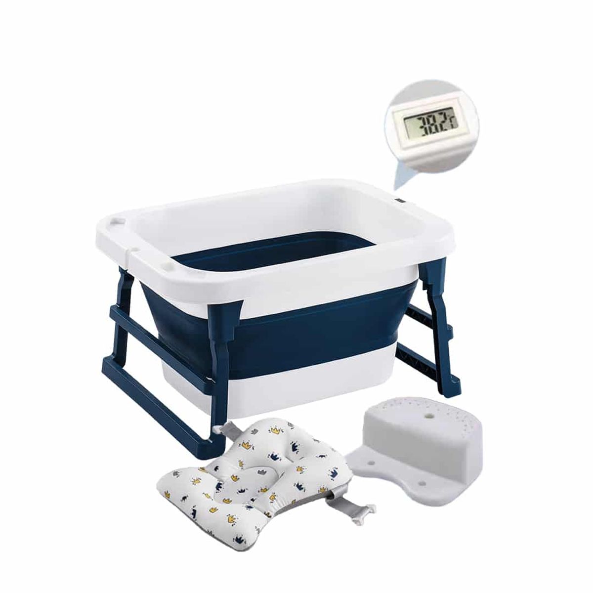 BABYMINE - Bañera Plegable Bebé Con Termometro Asiento Azul BABYMINE