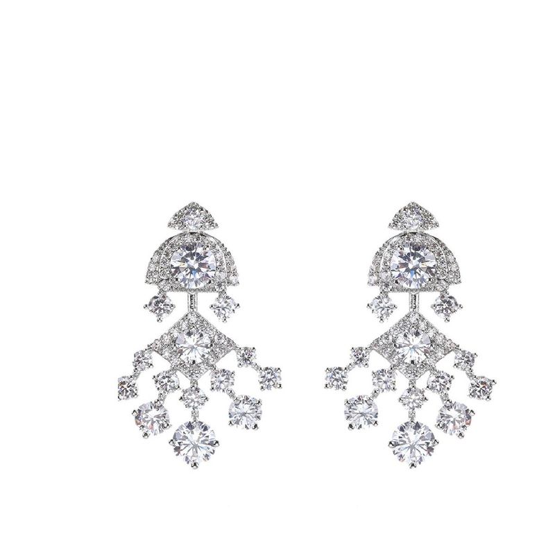 VANE COLLECTION - Aros mujer pegados colgante elegante baño de rodio y circones blancos