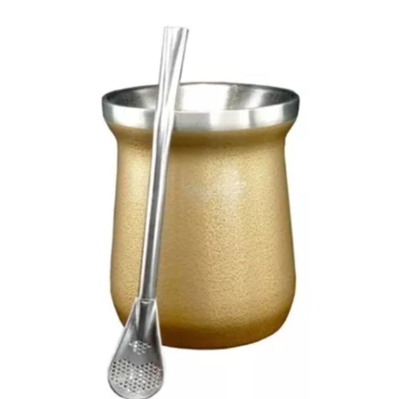GENERICO - Mate Con Bombilla Anýmate Premium Matero Metalizado Dorado 236 ML.