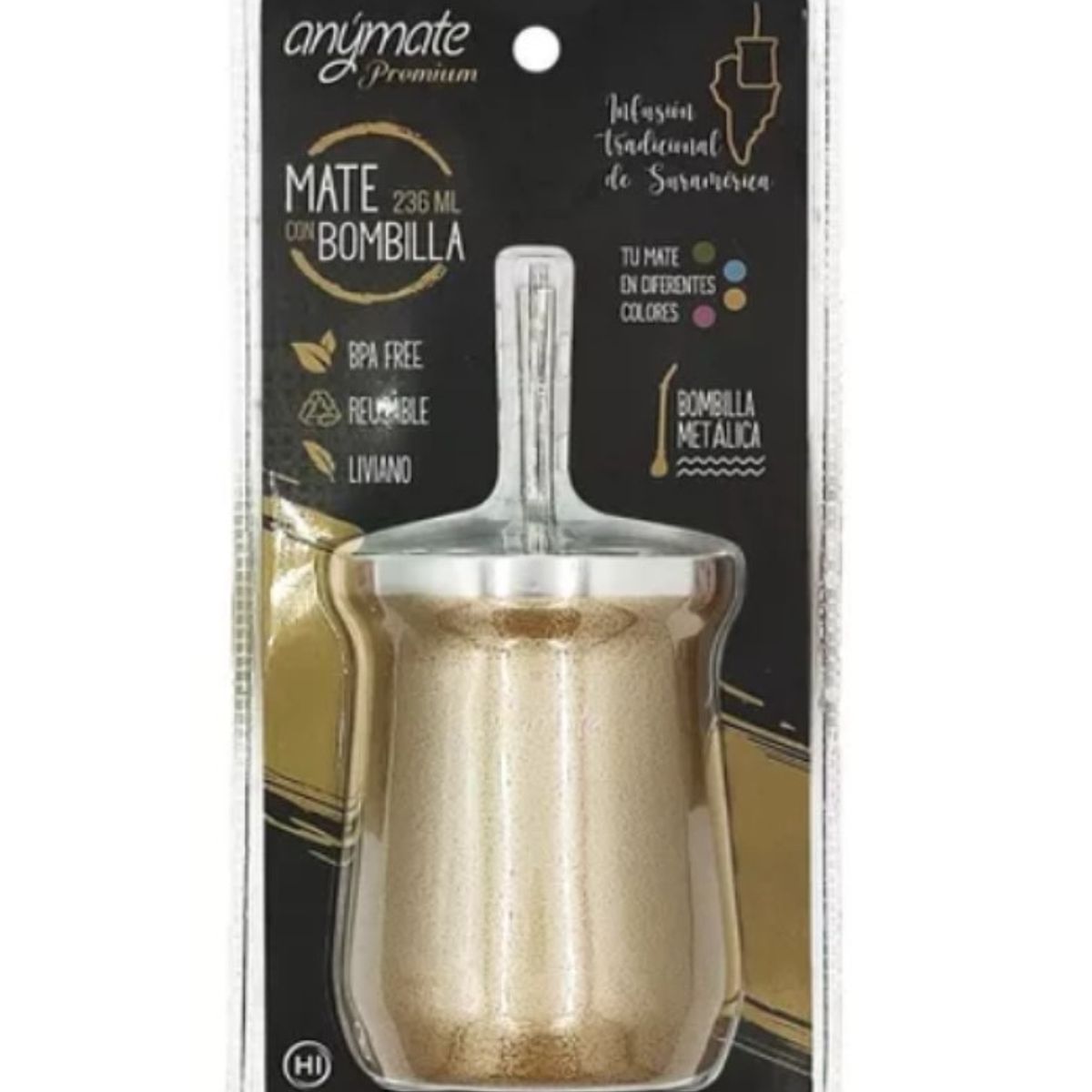 GENERICO - Mate Con Bombilla Anýmate Premium Matero Metalizado Dorado 236 ML.