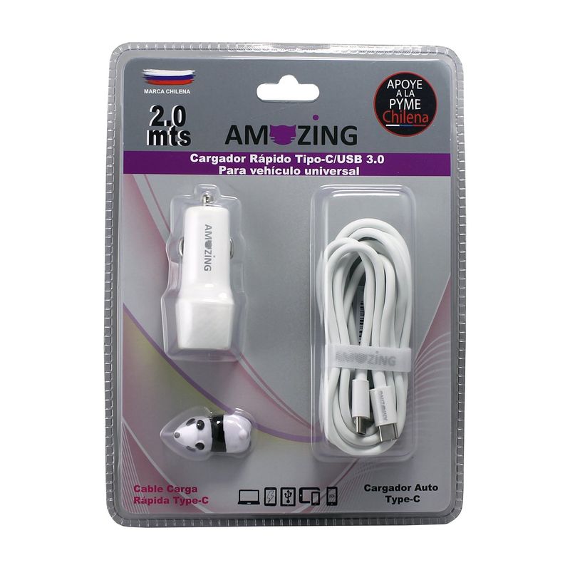 AMAZING - Cargador Auto 3.1 - 1 USB / 1 C + Cable Tipo C a Tipo C 2MTS