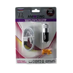 AMAZING - Cargador Auto USB / 1 C + Cable USB a IPhone 2mts