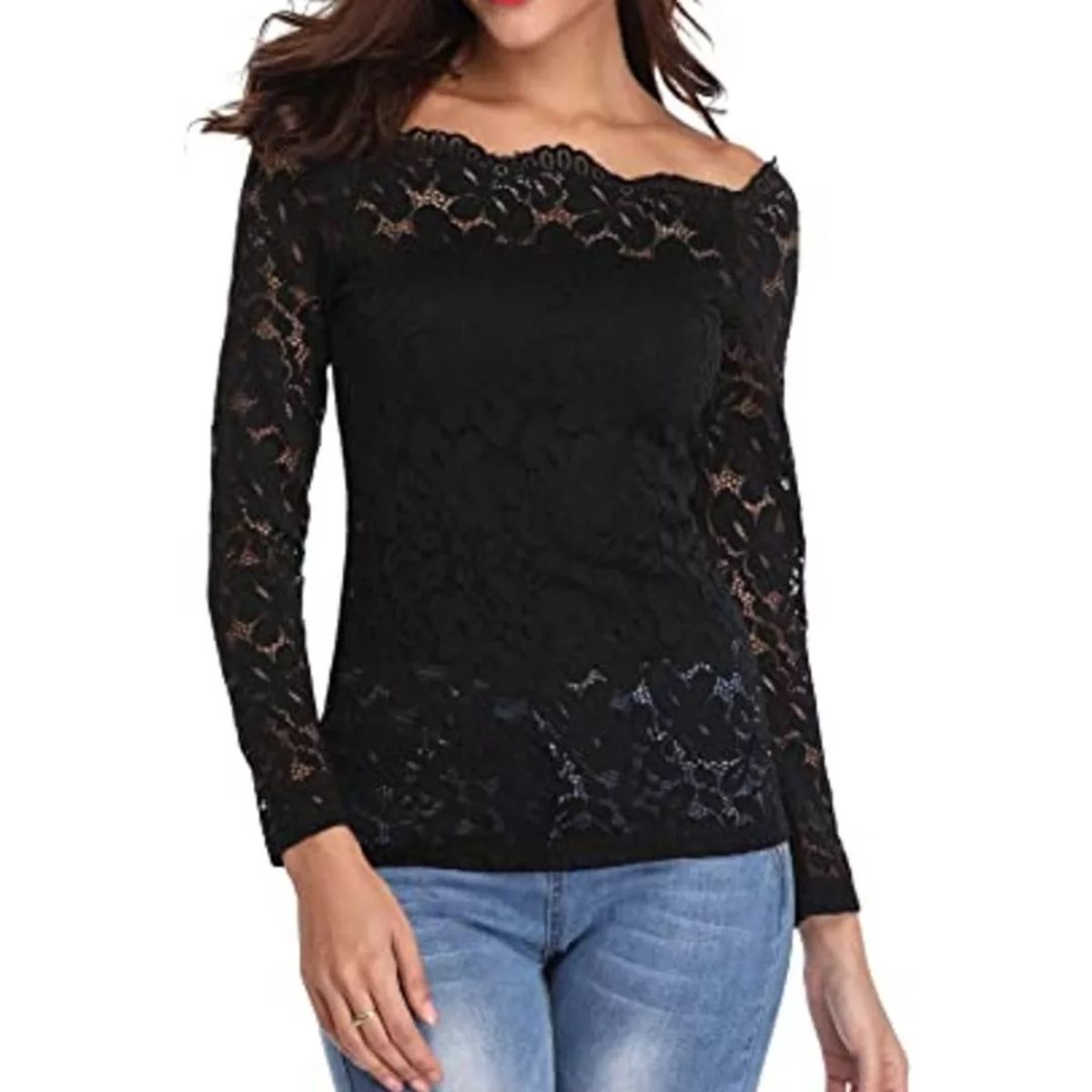 GENERICO - BLUSA POLERA  CASUAL TODO ENCAJE MANGA LARGA DEAL PARA FIESTA, COCTEL