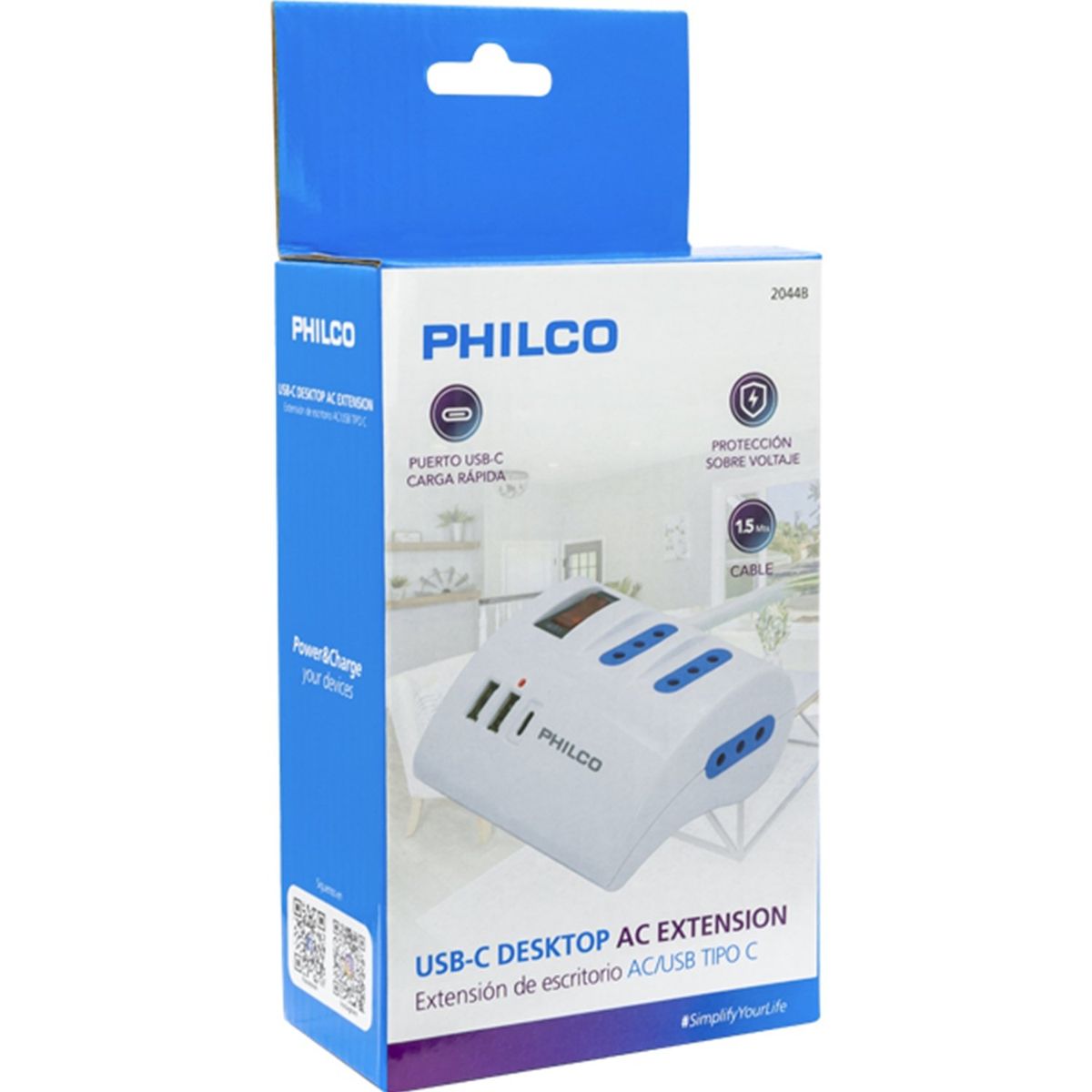 PHILCO - Alargador Extension Philco 3 POS 2 USB 1 Tipo C Blanco