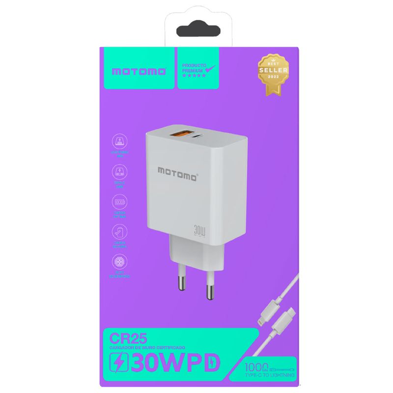 MOTOMO - Cargador Ligthning 30W Certificado Motomo