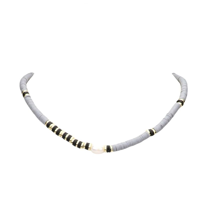 VANE COLLECTION - Collar mujer corto estilo etnico de mostacilla heli en gris y perla