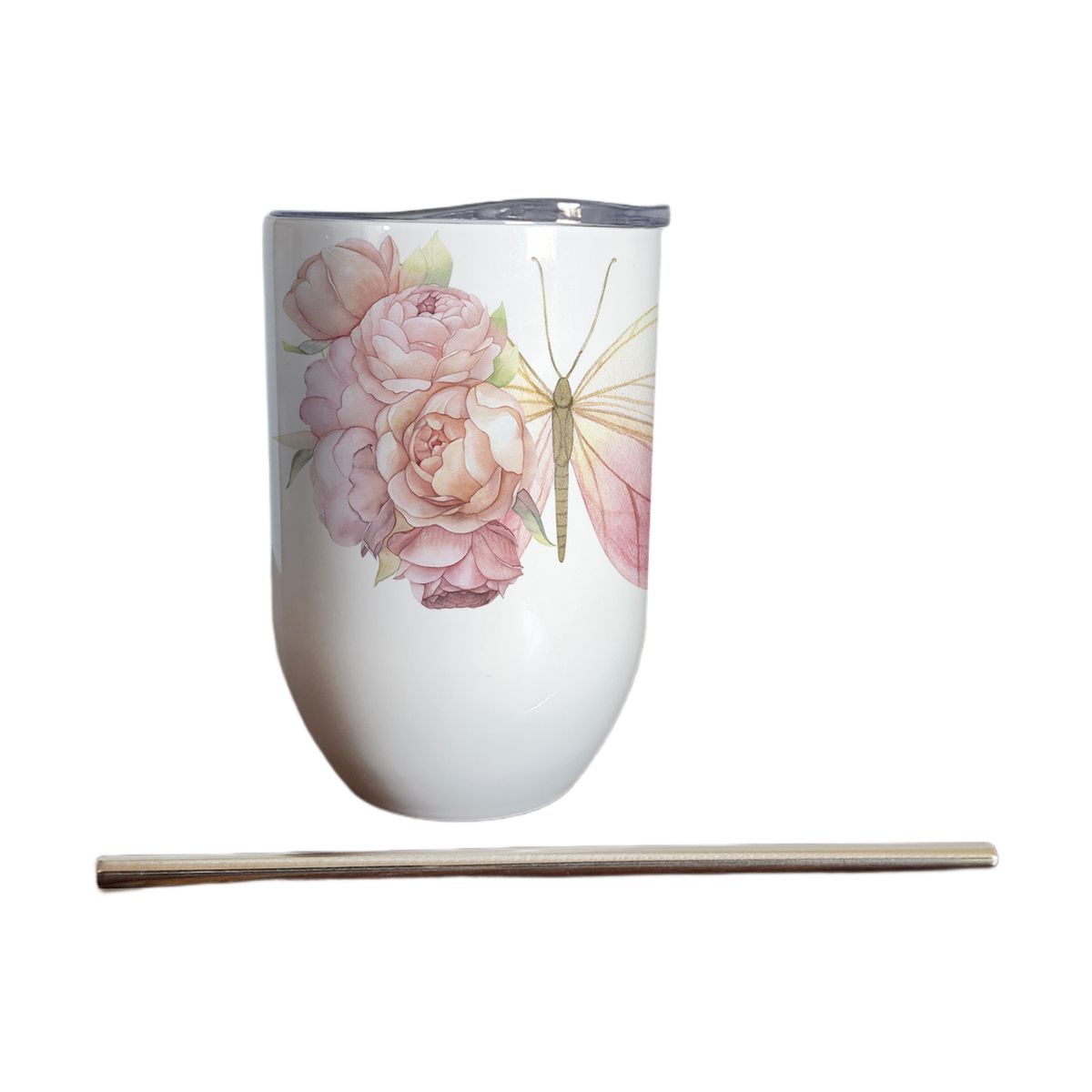 GENERICO - Vaso térmico 325 ml con bombilla y tapa con Mariposa