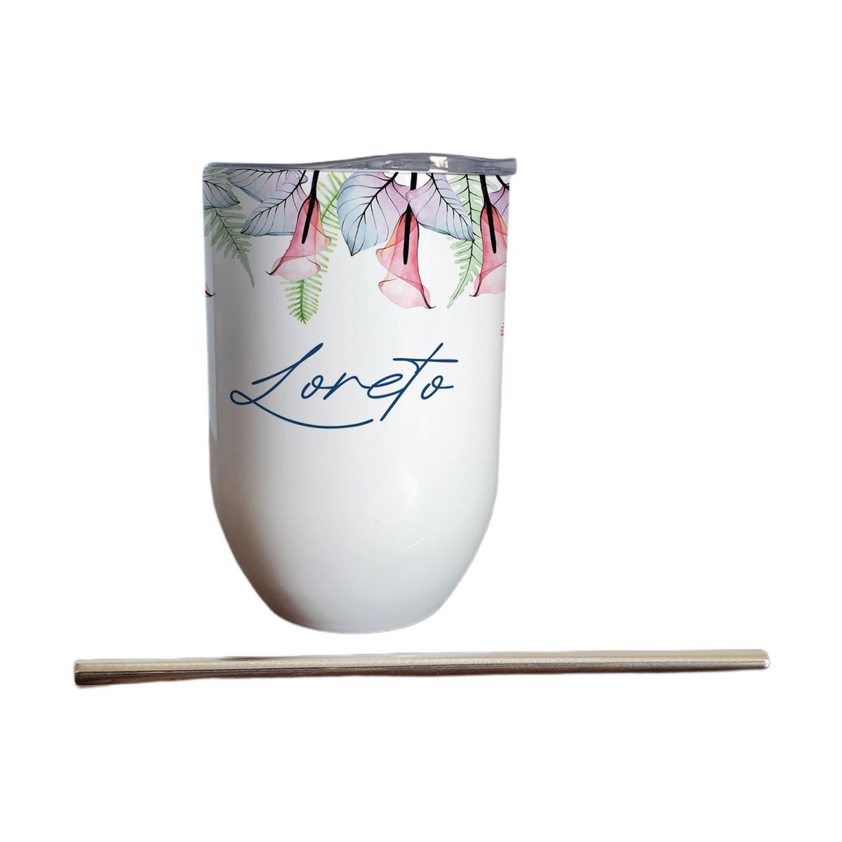 GENERICO - Vaso térmico 325 ml con bombilla y tapa con Flores