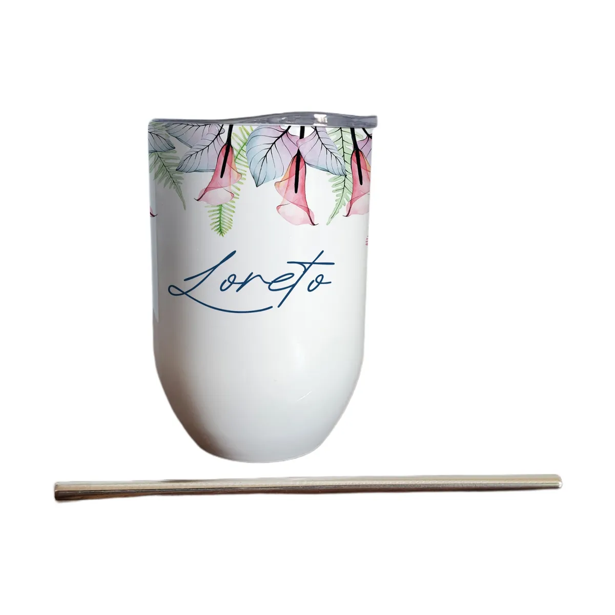 GENERICO - Vaso térmico 325 ml con bombilla y tapa con Flores