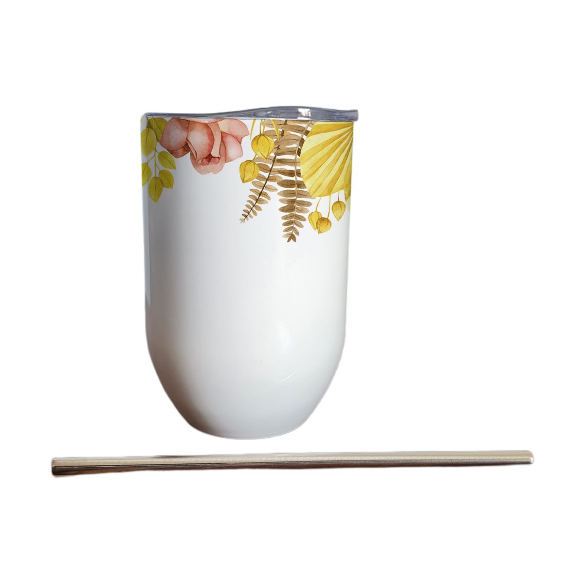 GENERICO - Vaso térmico 325 ml con bombilla y tapa con Flores