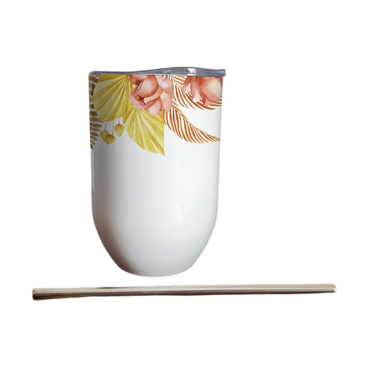 GENERICO - Vaso térmico 325 ml con bombilla y tapa con Flores