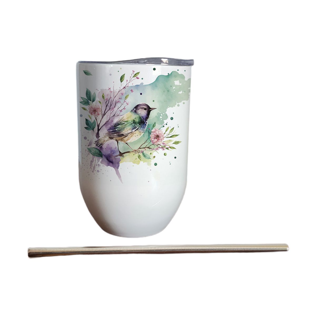 GENERICO - Vaso térmico 325 ml con bombilla y tapa con Pájaro