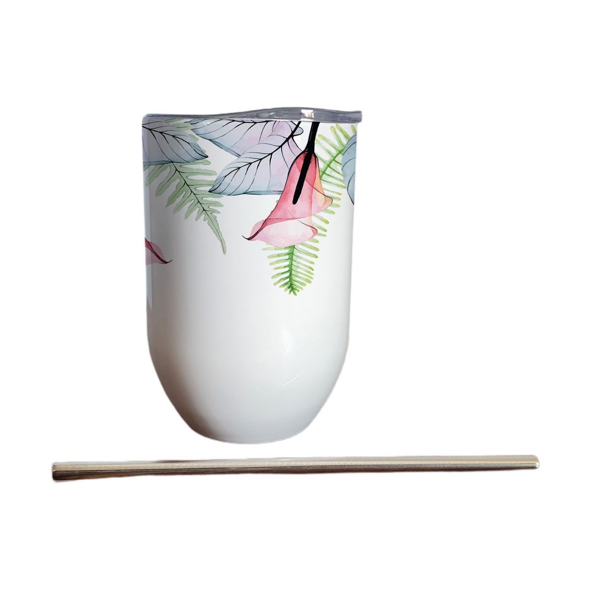 GENERICO - Vaso térmico 325 ml con bombilla y tapa con Flores