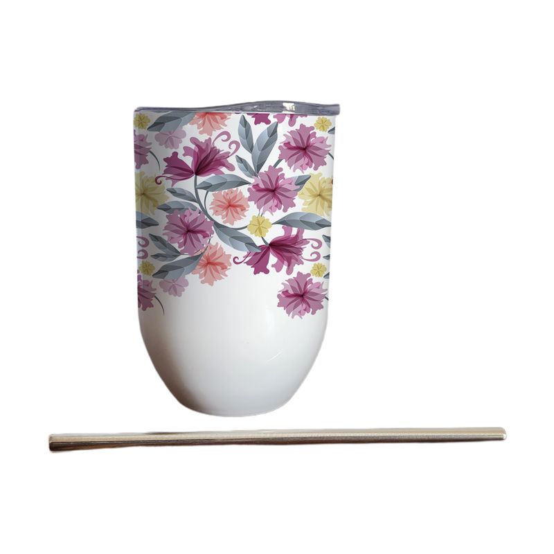 GENERICO - Vaso térmico 325 ml con bombilla y tapa con Flores