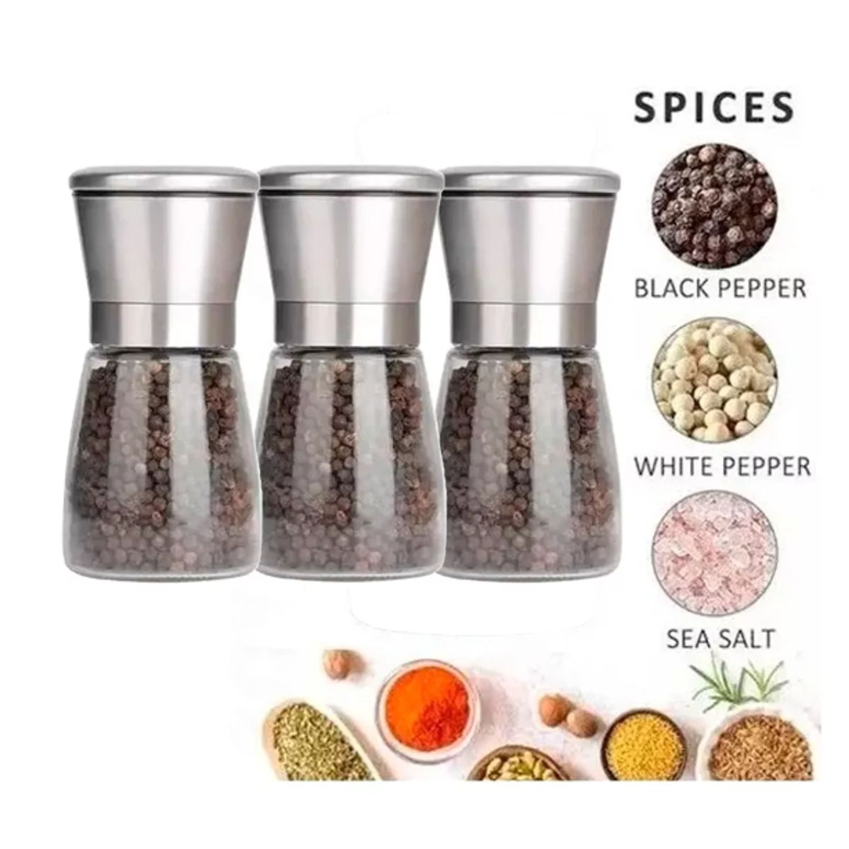 GENERICO - Pack 3 Molinillo Pimentero Salero Especias Vidrio