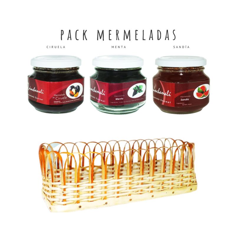 QUINCHAMALI MERMELADA GOURMET - Pack Ciruela Menta Sandía en cesta de mimbre