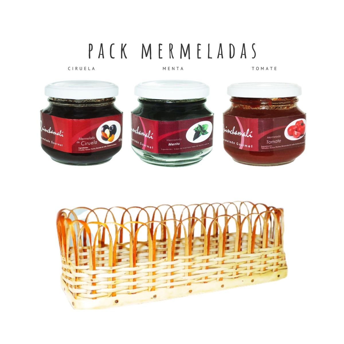 QUINCHAMALI MERMELADA GOURMET - Pack Ciruela Menta Tomate en cesta de mimbre