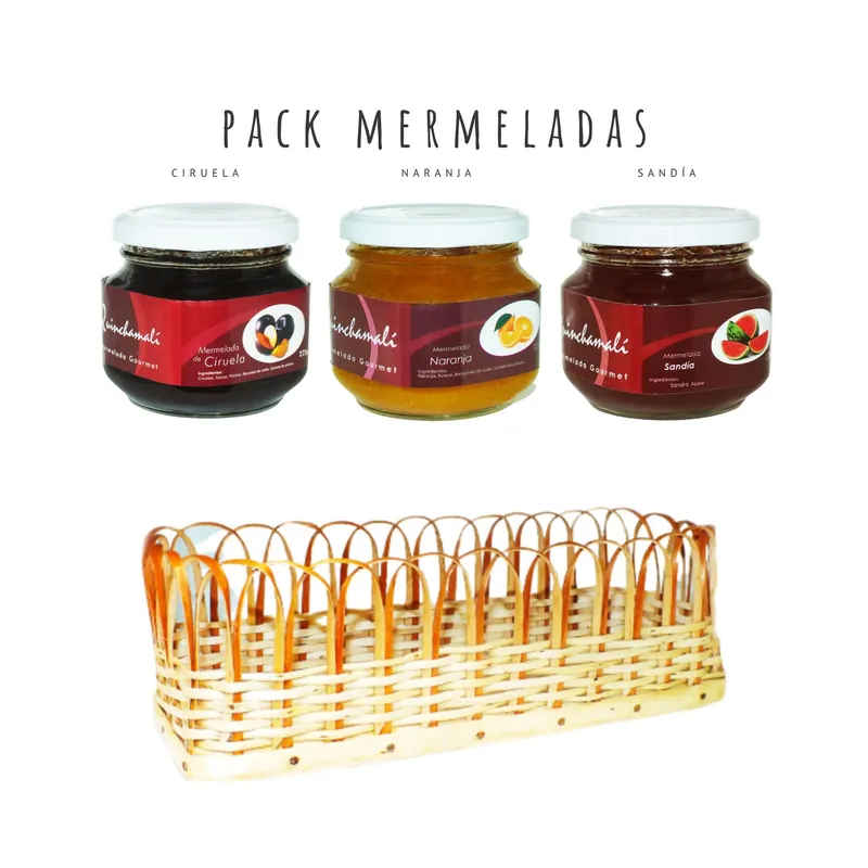 QUINCHAMALI MERMELADA GOURMET - Pack Ciruela Naranja Sandía en cesta de mimbre