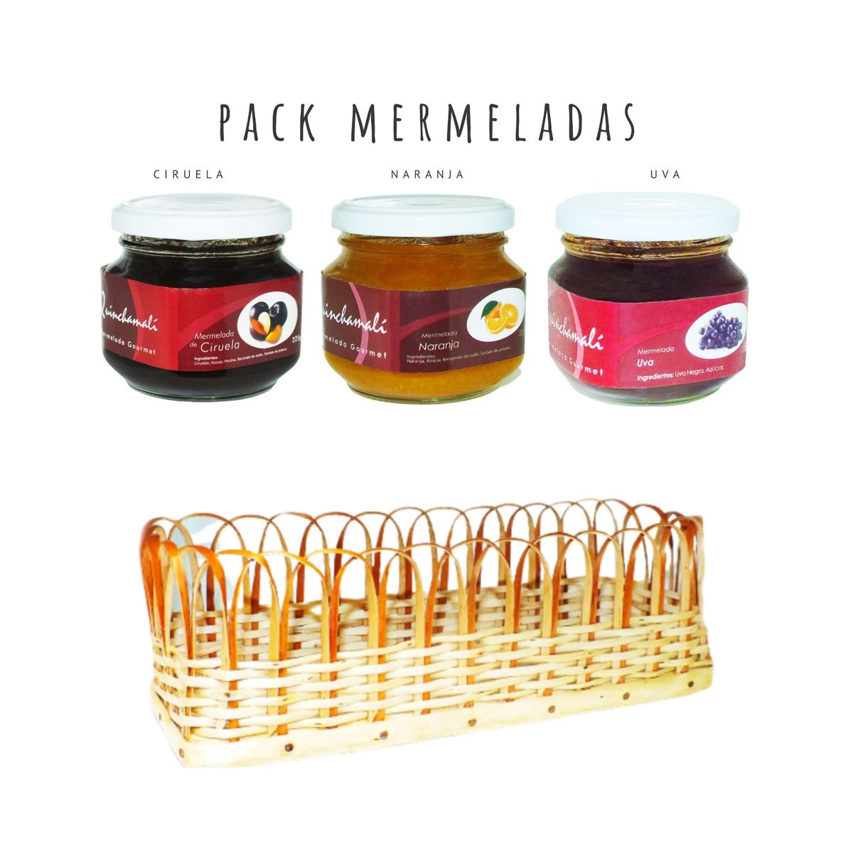 QUINCHAMALI MERMELADA GOURMET - Pack Ciruela Naranja Uva en cesta de mimbre