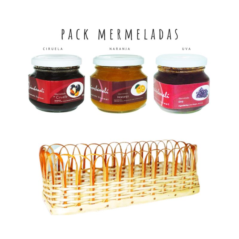 QUINCHAMALI MERMELADA GOURMET - Pack Ciruela Naranja Uva en cesta de mimbre