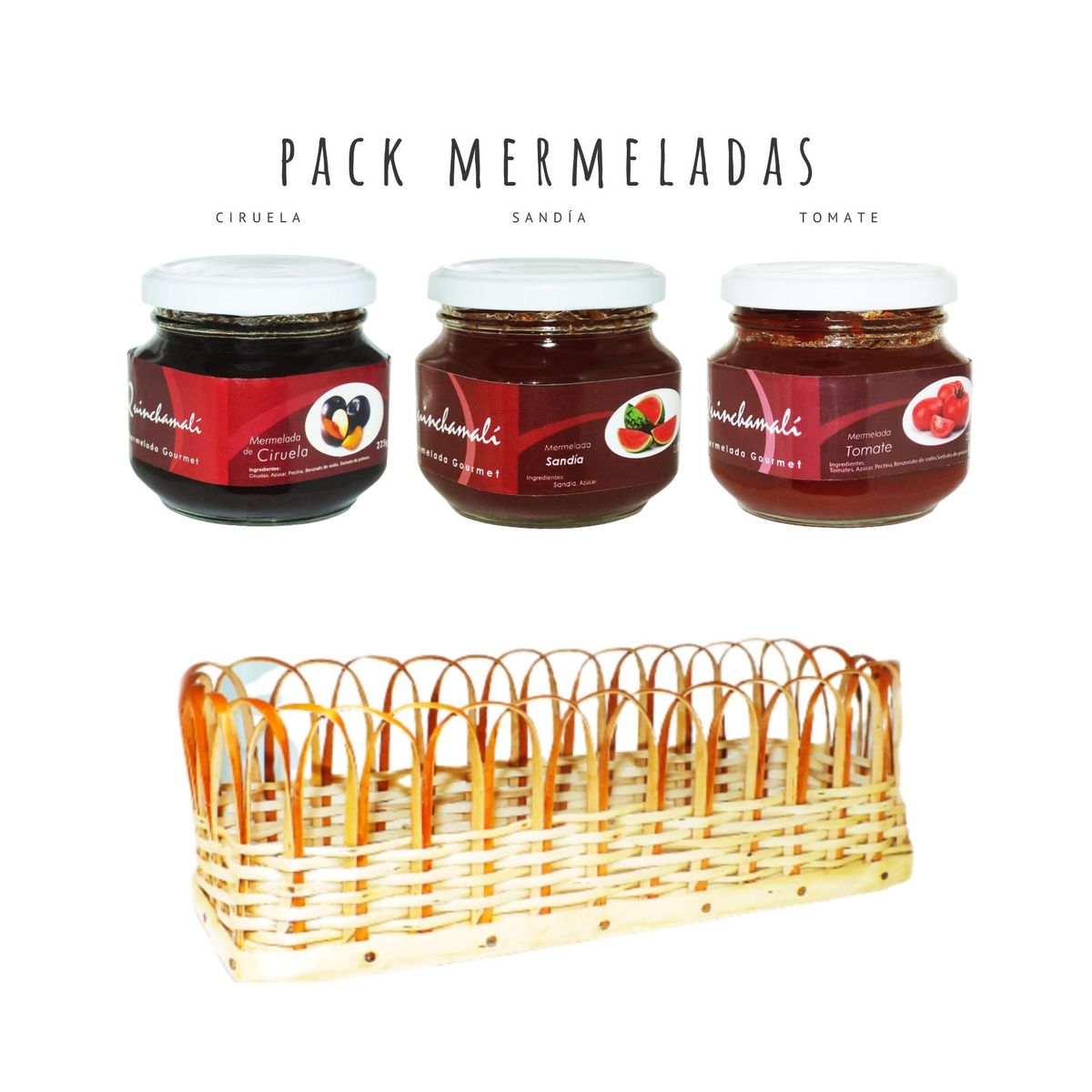 QUINCHAMALI MERMELADA GOURMET - Pack Ciruela Sandía Tomate en cesta de mimbre