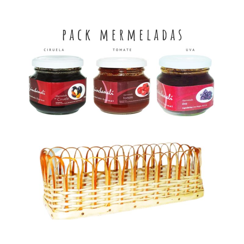 QUINCHAMALI MERMELADA GOURMET - Pack Ciruela Tomate Uva en cesta de mimbre