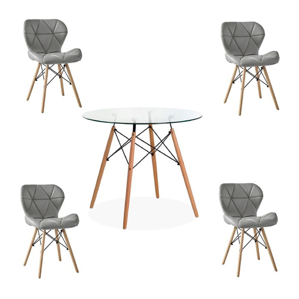 GENERICO - Comedor Mesa Redonda de Vidrio 80cm + 4 Sillas Radar Eames Grises