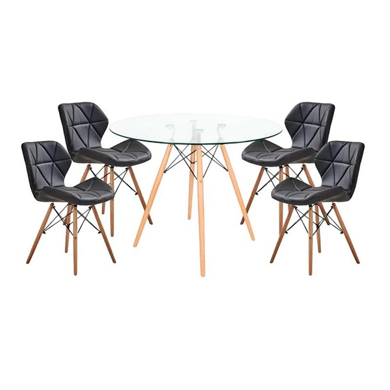 GENERICO - Comedor Mesa Redonda de Vidrio 80cm + 4 Sillas Radar Eames Negras