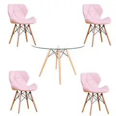 GENERICO - Comedor Mesa Redonda de Vidrio 80cm + 4 Sillas Radar Eames Rosadas