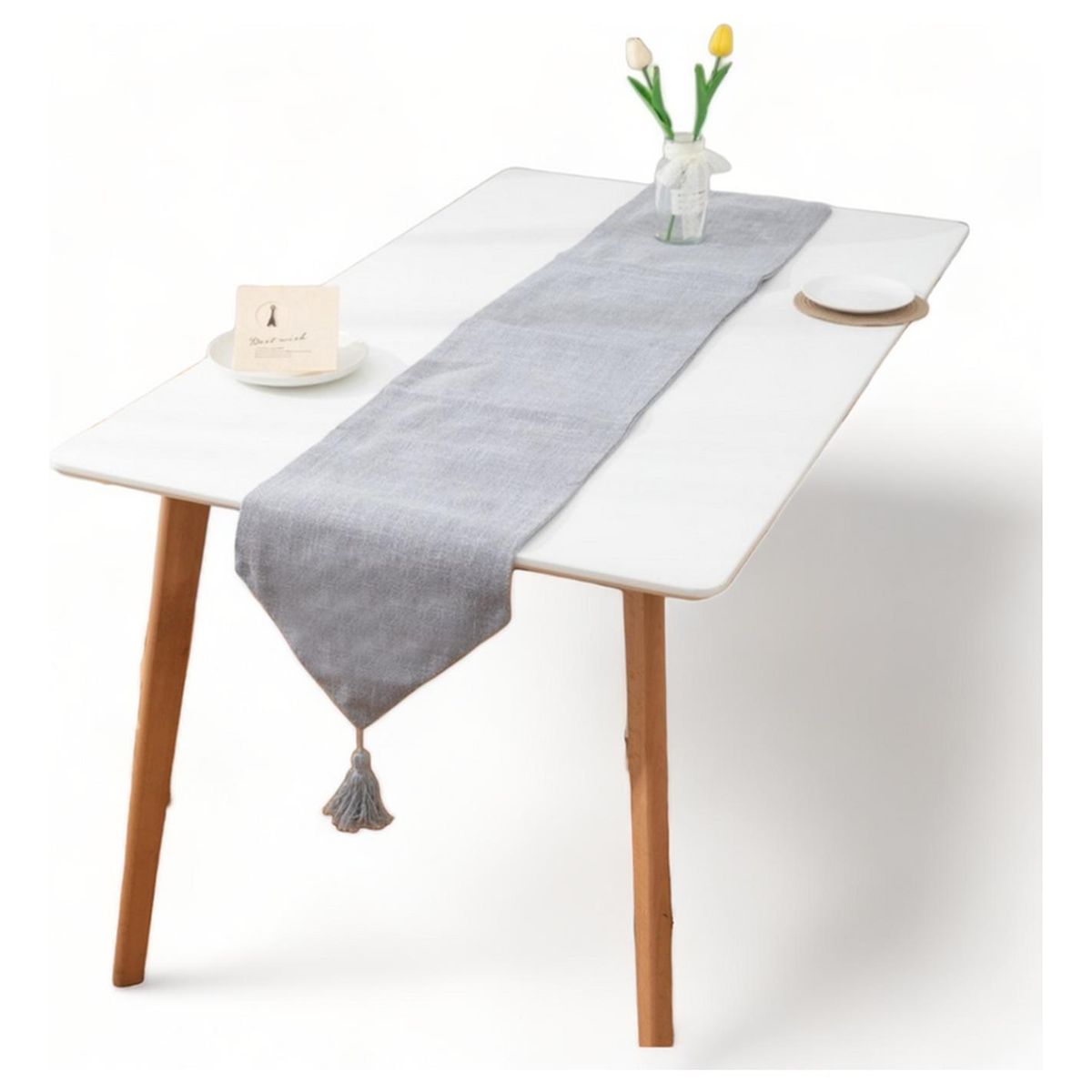 GENERICO - Camino Corredor De Mesa En Lino Con Fleco Medida 33x180cm - Gris