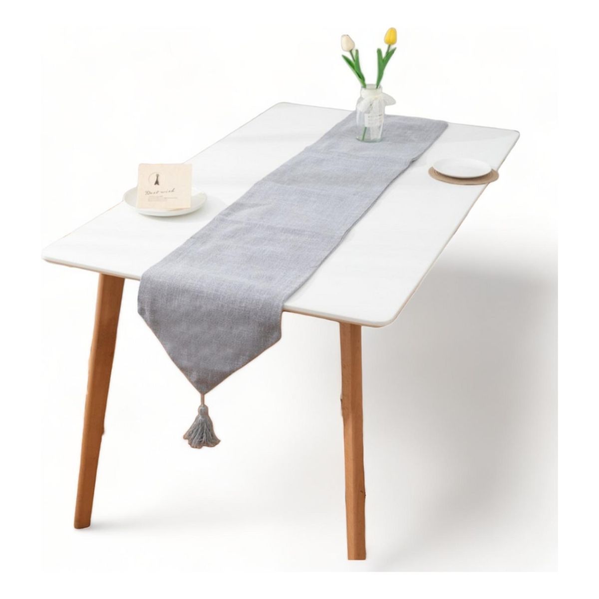 GENERICO - Camino Corredor De Mesa En Lino Con Fleco Medida 33x180cm - Gris
