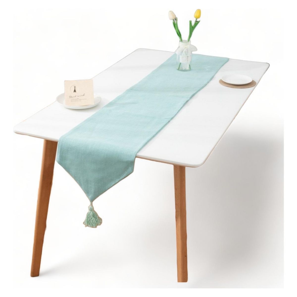 GENERICO - Camino Corredor De Mesa En Lino Con Fleco Medida 33x180cm - Agua