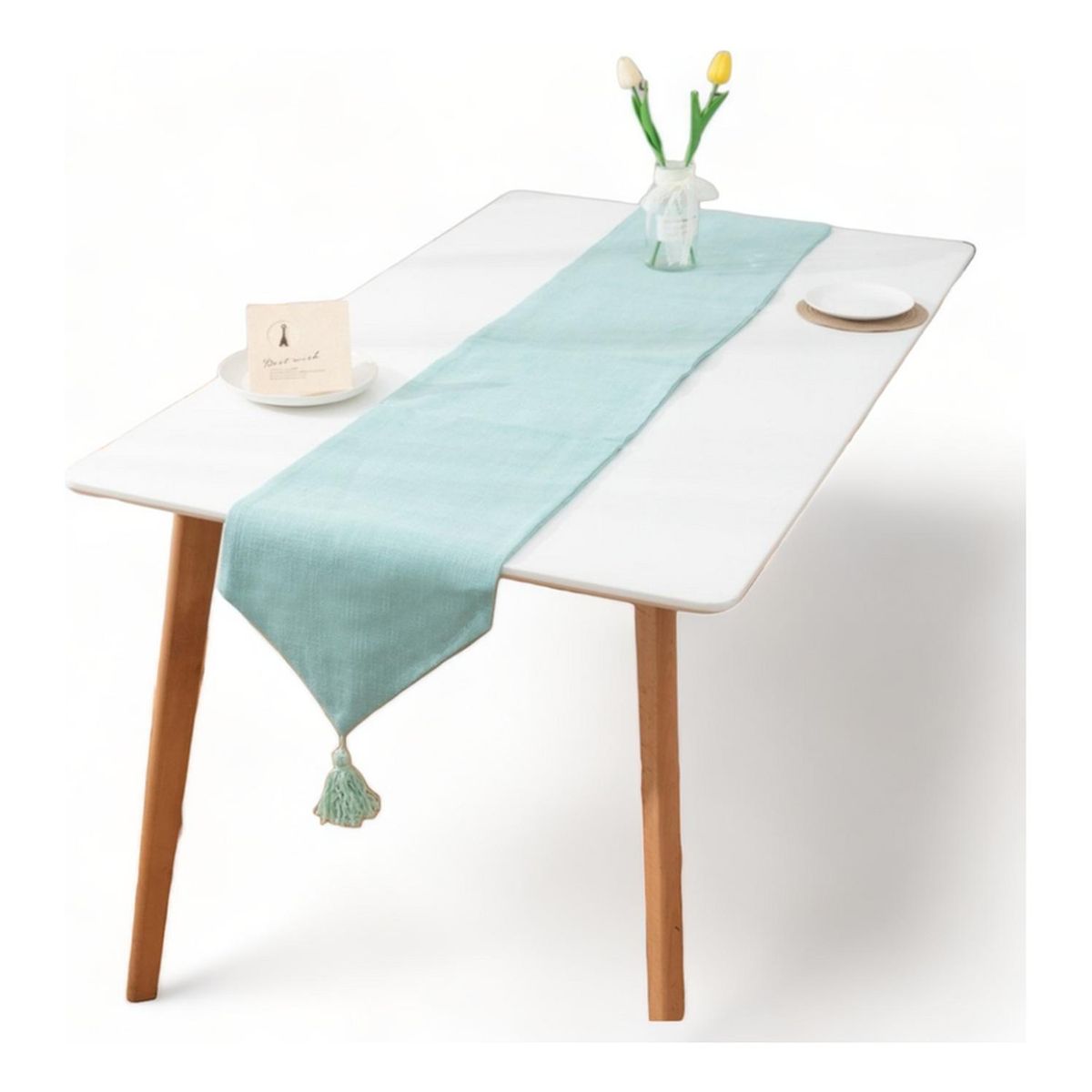 GENERICO - Camino Corredor De Mesa En Lino Con Fleco Medida 33x180cm - Agua