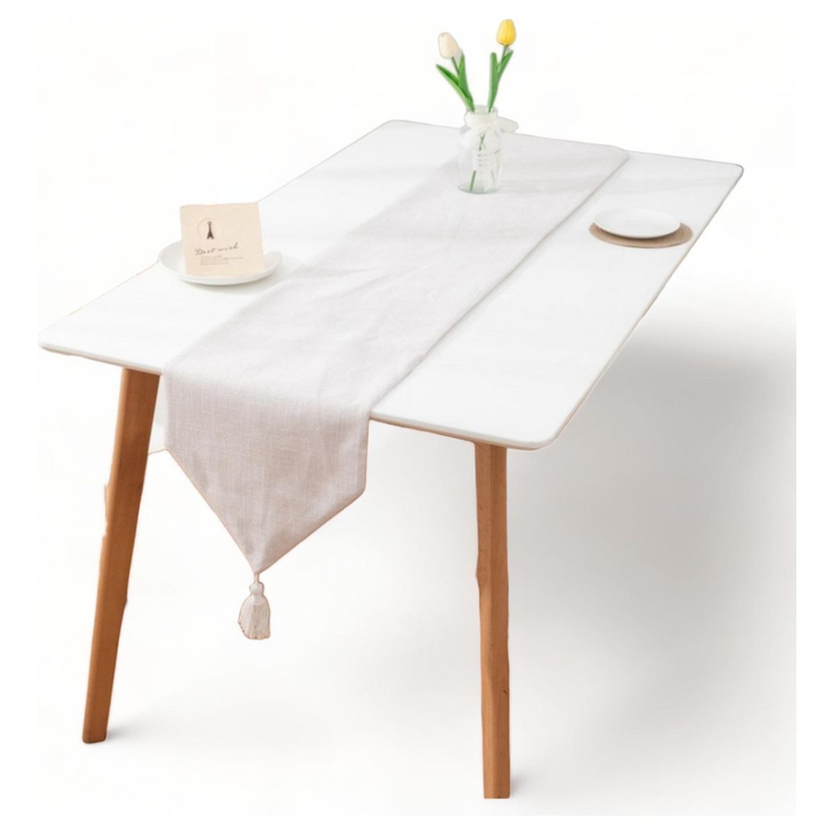 GENERICO - Camino Corredor De Mesa En Lino Con Fleco Medida 33x180cm - Crema